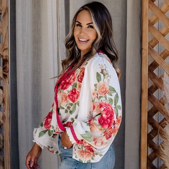 Pink floral long sleeve family photo blouse top work wear business fall cute - Picture 4 of 5